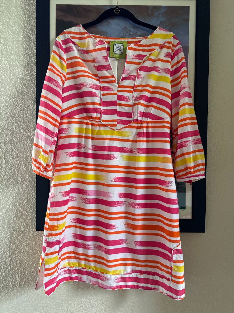Elizabeth Mckay Watercolor Pink/Orange/Yellow/White Silk Dress Size 6